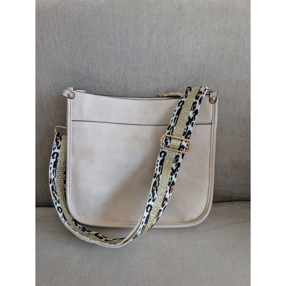 Caitina Vegan Leather Crossbody Bag Cream Leopard Gold Guitar Strap Large